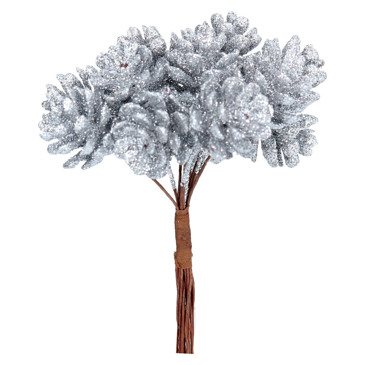 Gisela Graham - Silver Glitter Mini Pine Cone Pick Bunch - 11cm