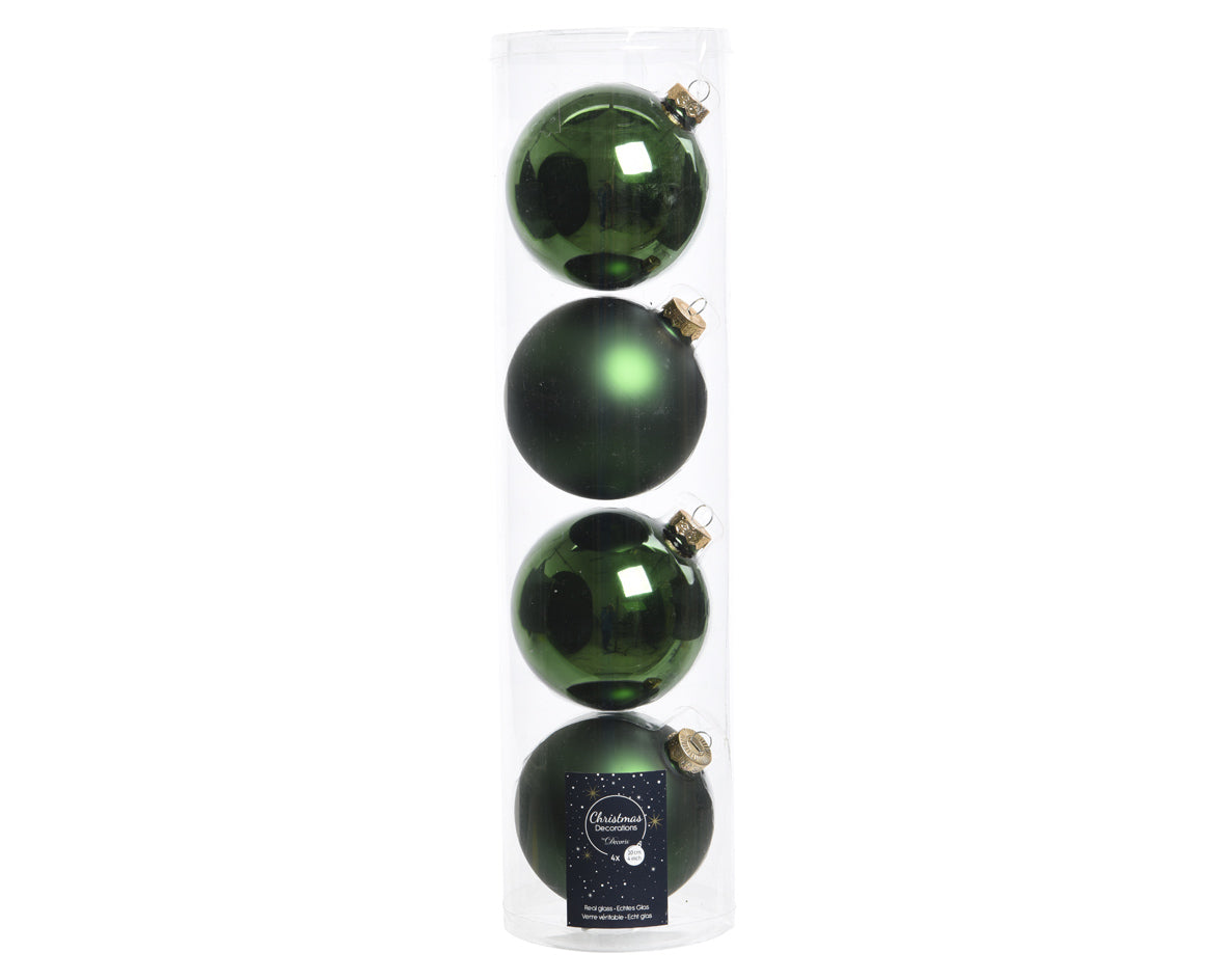 Large Pine Green 10cm Glass Shiny & Matt Baubles - Box of 4