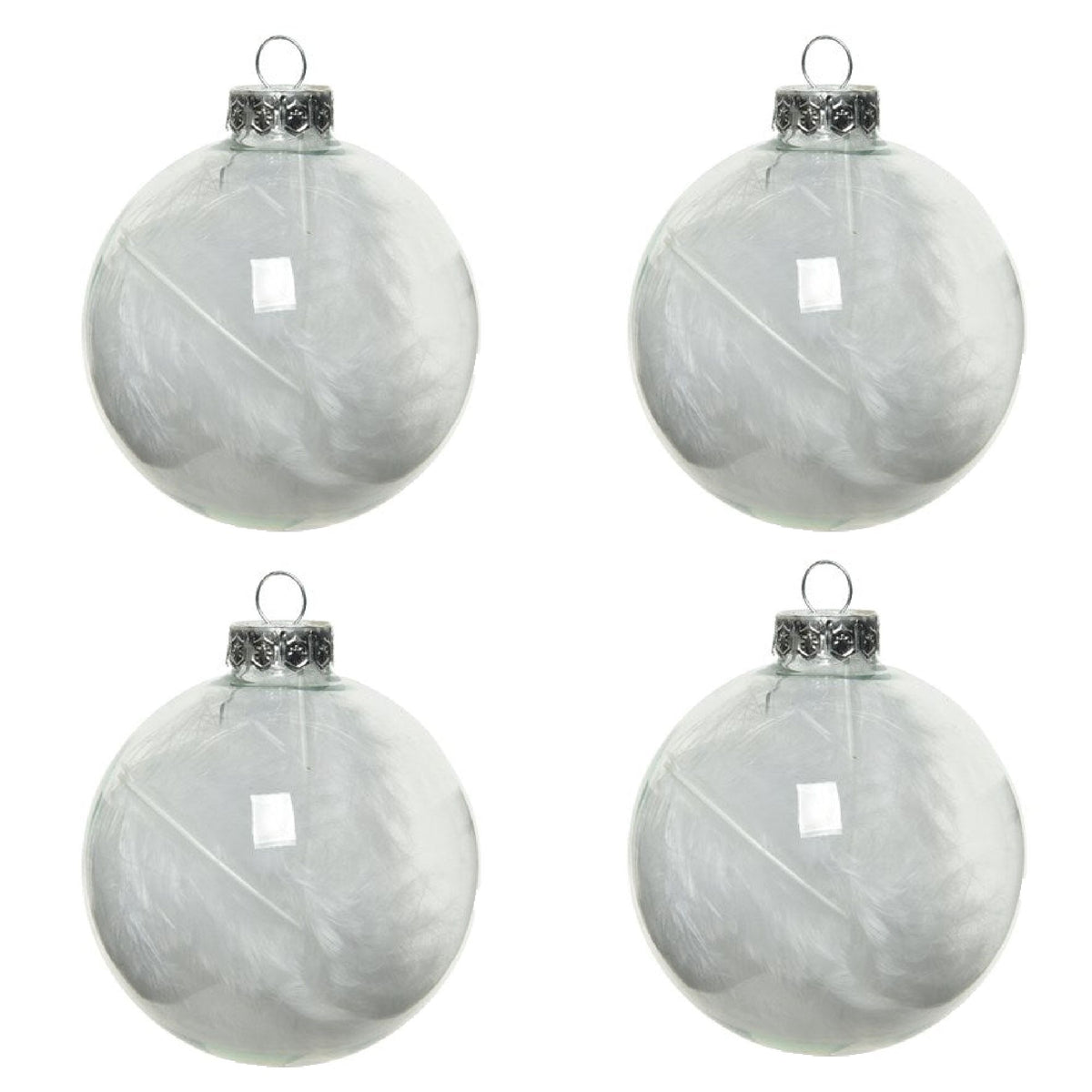 Clear Glass Baubles with Feathers Inside - 7cm - Pack of 4