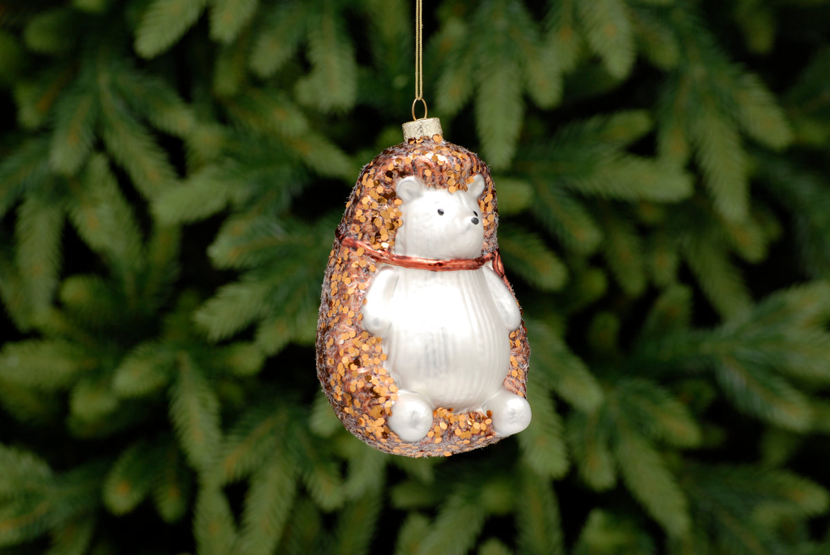 Glass Hedgehog with Copper Glitter Hanging Bauble Decoration - 13cm