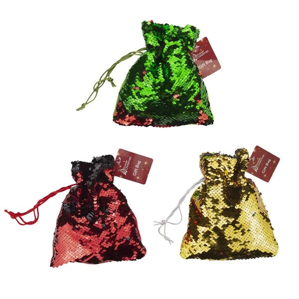 Sparkly Reversible Sequin Christmas Drawstring Gift Bag - 19cm
