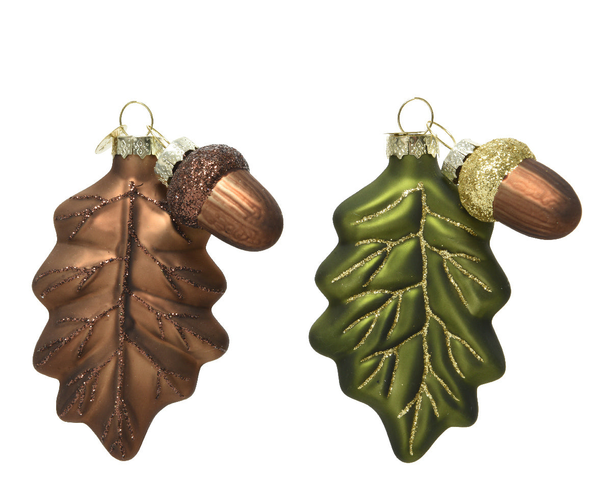 Green or Brown Glittery Glass Leaf with Acorn Hanging Bauble
