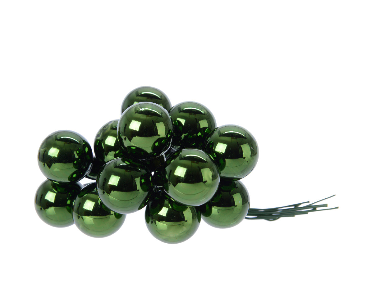 Pine Green Mini Glass Baubles on a Wire - Bunch of 10 (2cm) - Shiny Finish