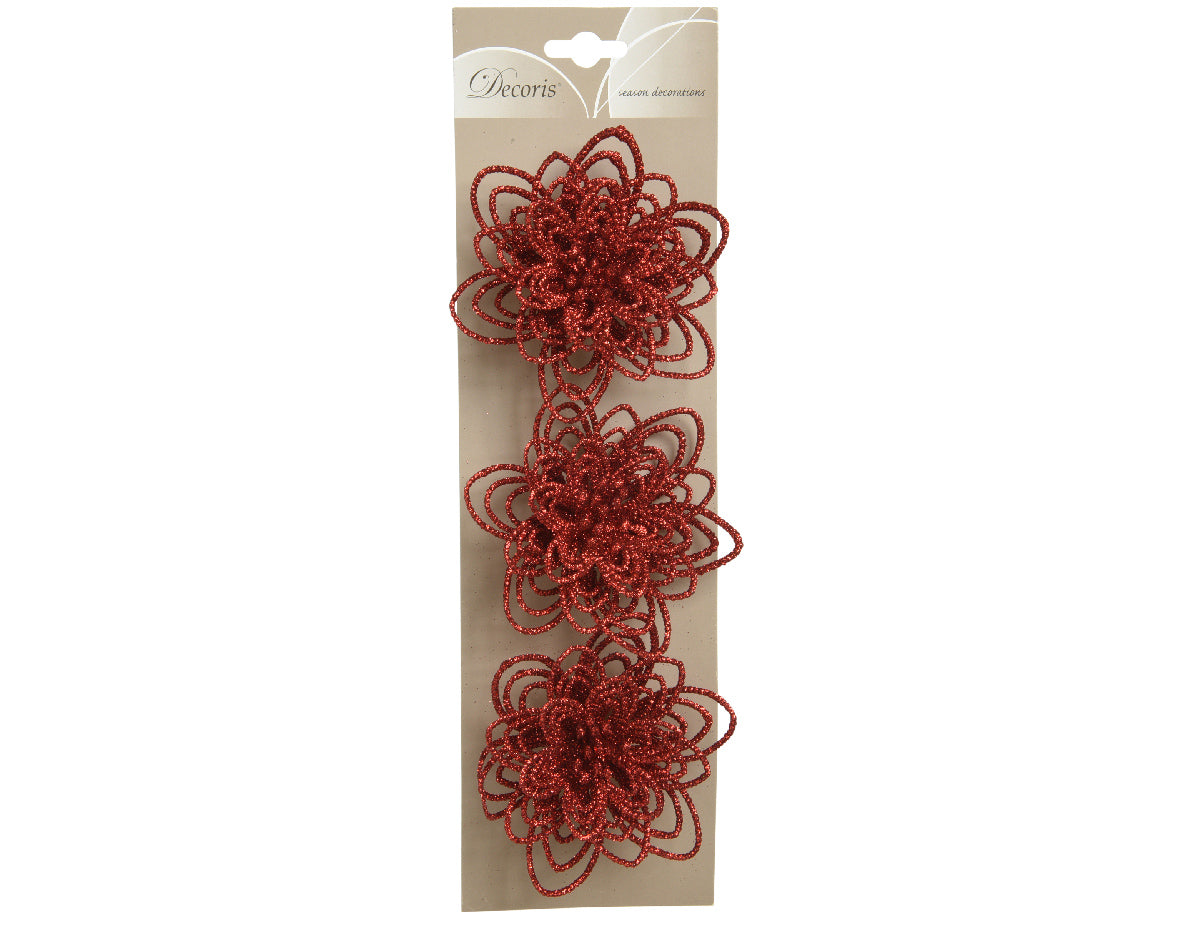 Glittery Plastic Flower Clip On Decorations - RED