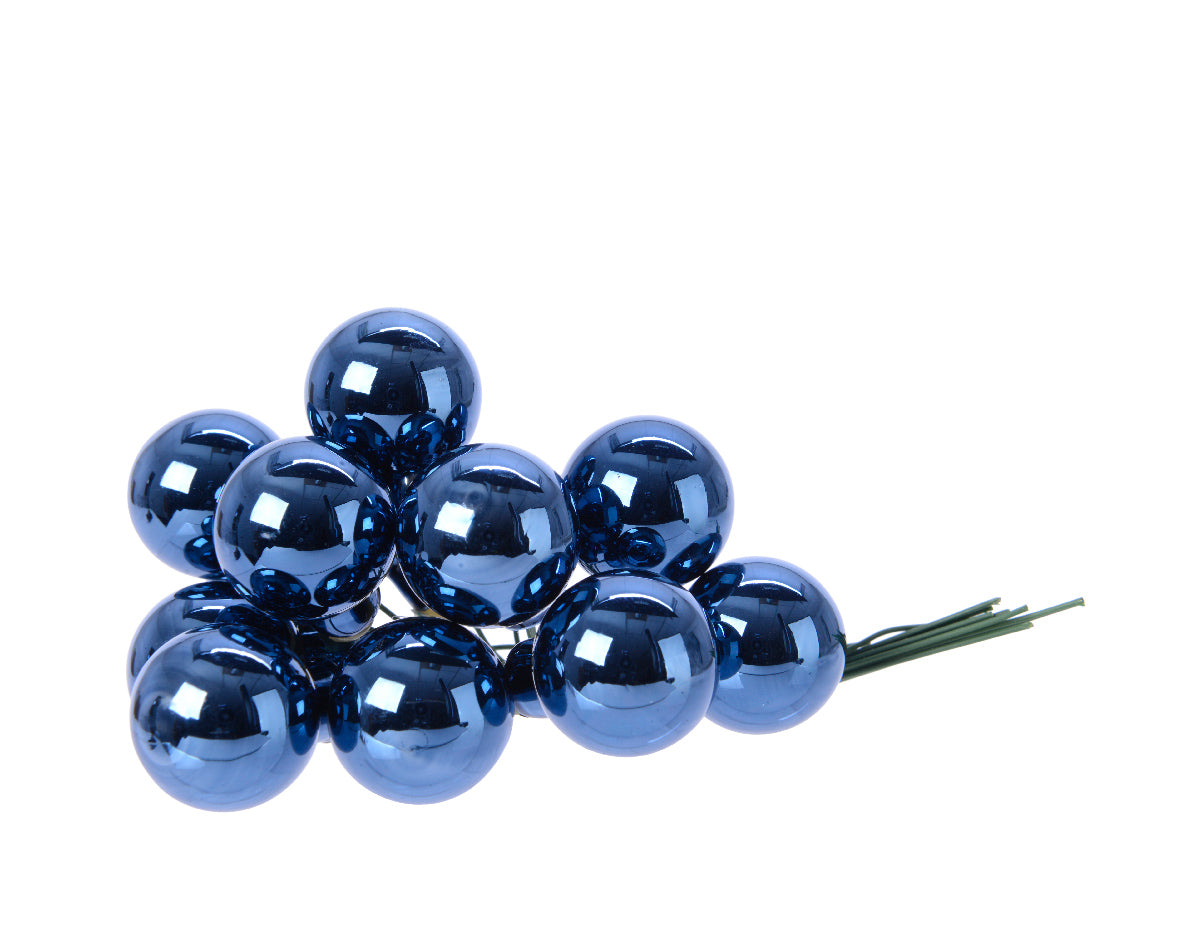 Night Blue Mini Glass Baubles on a Wire - Bunch of 10 (2cm) - Shiny Finish
