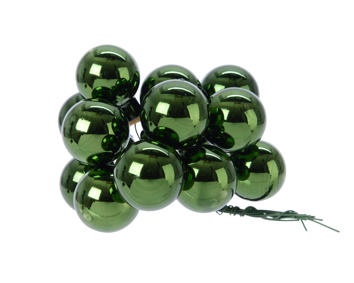 Pine Green Mini Glass Baubles on a Wire - Bunch of 10 (2.5cm) - Shiny Finish