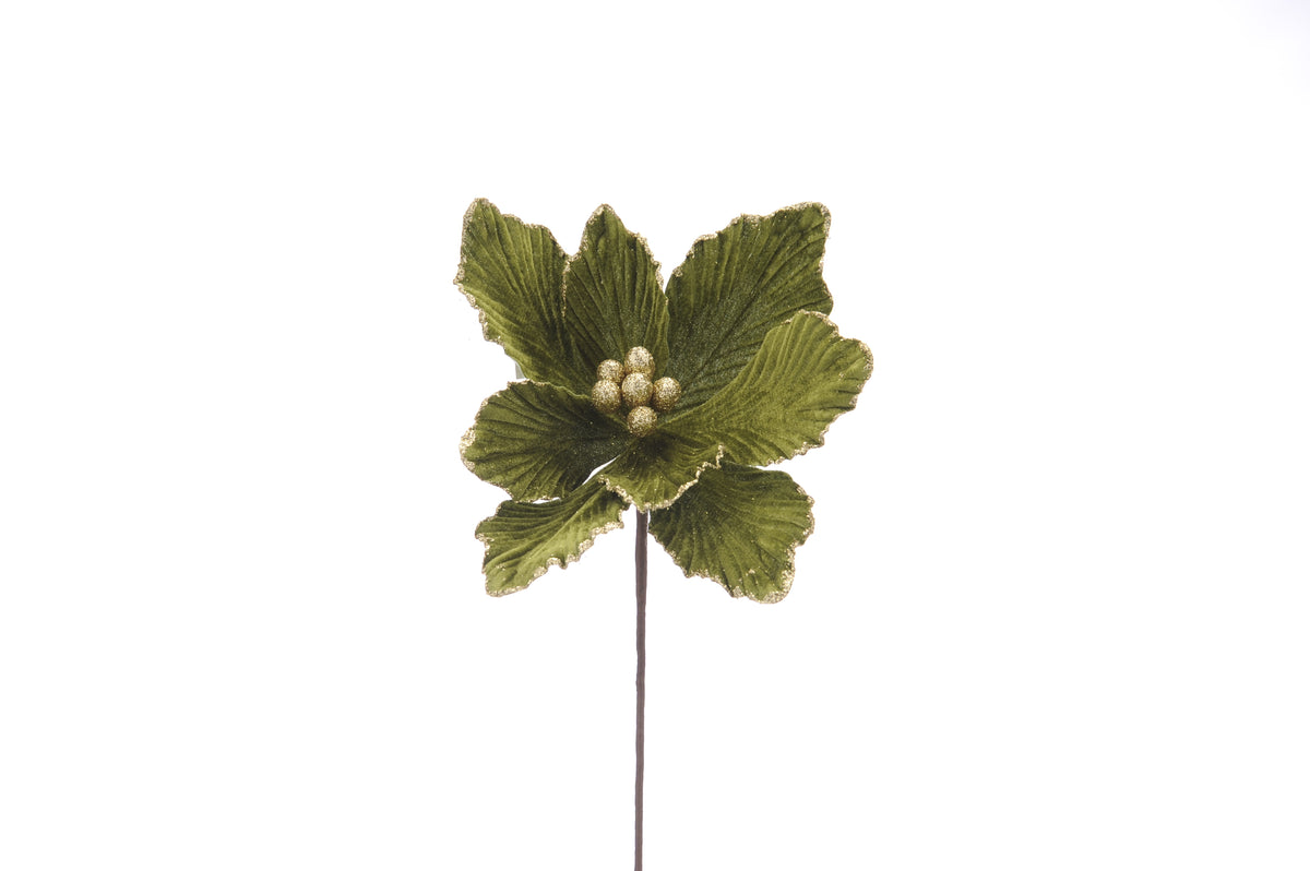 Dark Green with Gold Glitter Magnolia Floral Stem - 40cm