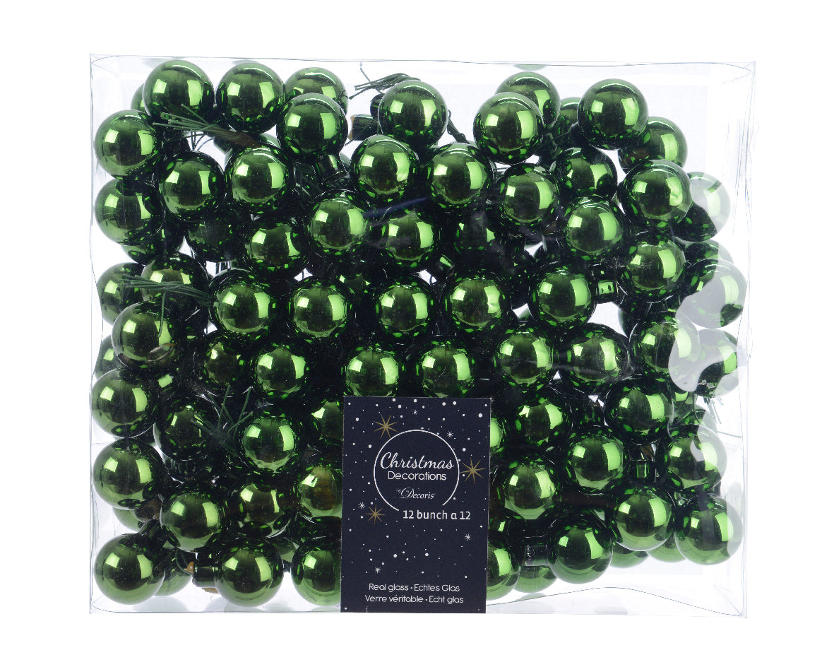 Pine Green Mini Glass Baubles on a Wire - Bunch of 10 (2.5cm) - Shiny Finish