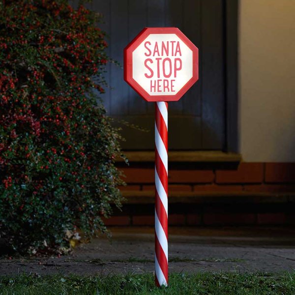 Light Up Santa Stop Here Candy Cane Stake - 55cm