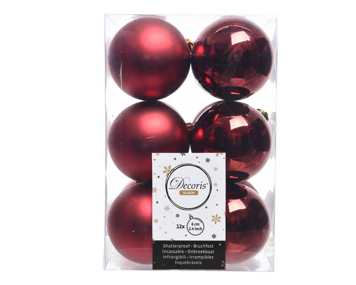 Oxblood Shatterproof Shiny and Matt 6cm Baubles - Box of 12