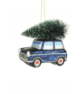 Blue Mini Cooper with Christmas Tree Christmas Tree Bauble