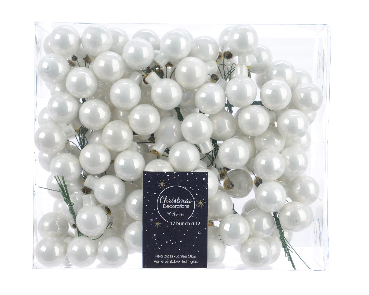 Winter White Mini Glass Baubles on a Wire - Bunch of 10 (2.5cm) - Shiny Finish
