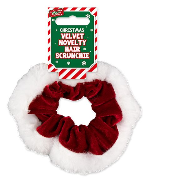 Christmas Red Velvet Hair Santa Scrunchie with Fur Trim