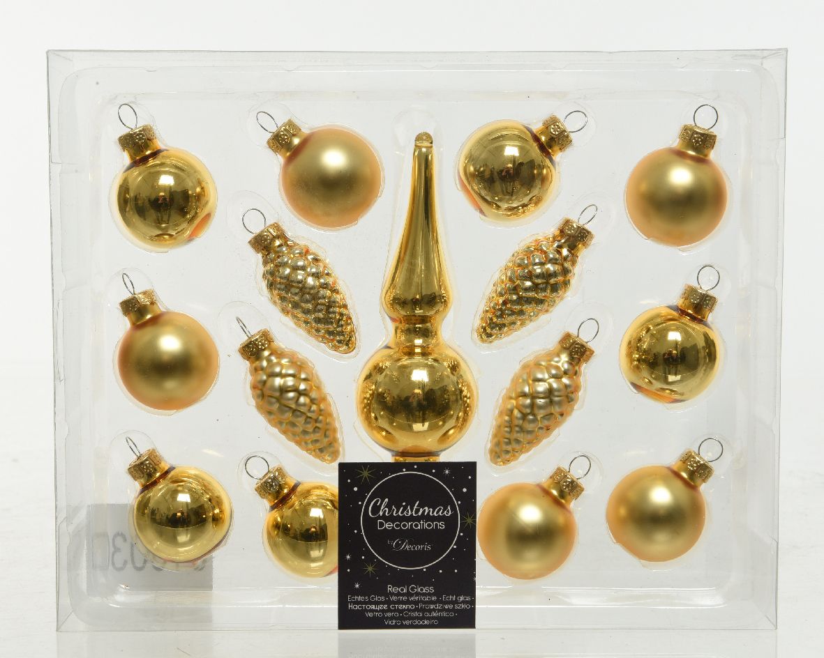 Glass Mini Christmas Bauble Set with Treetopper - 15 Pieces