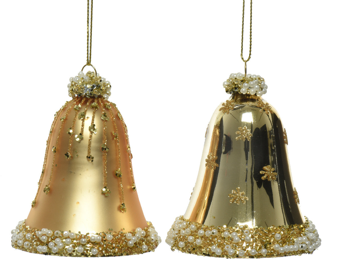 Glass Matt / Shiny Bell Hanging Decoration with Bead and Pearl Accents - Pack of 2