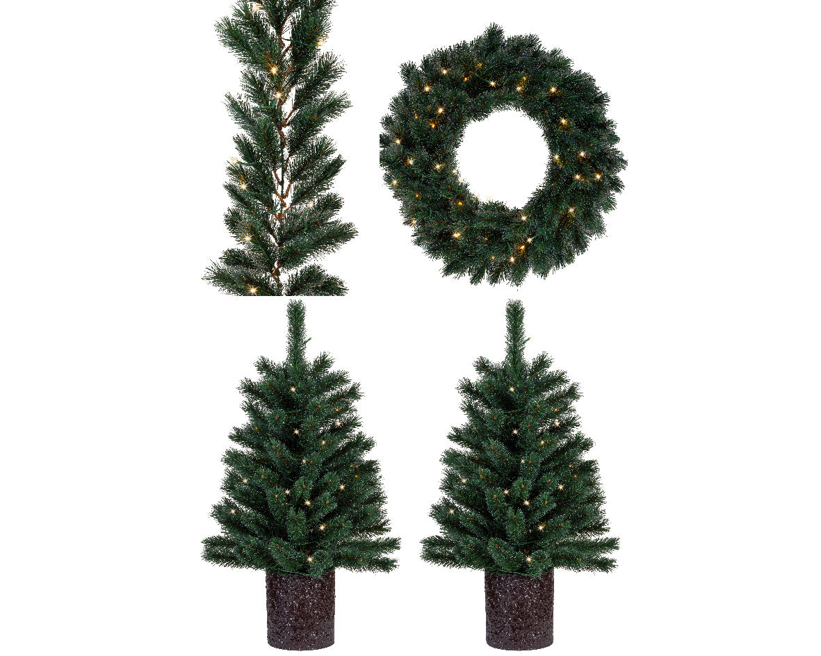 Special Offer - Malmo Outdoor Door Set of 2 Pre-lit Trees, Wreath & Garland