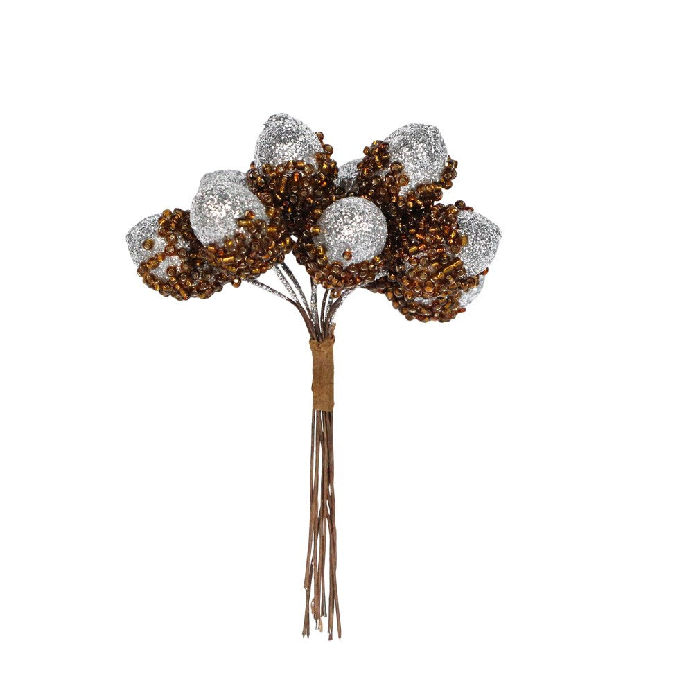 Silver Glitter Acorn Pick Bunch - 11cm