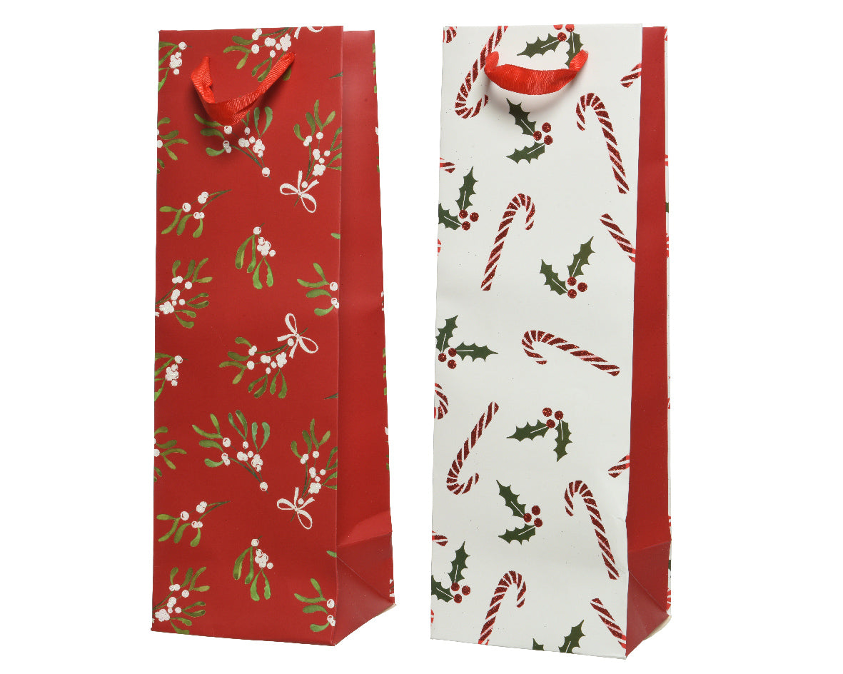 Red Glitter Berry Branch and White Candy Cane Gift Bag