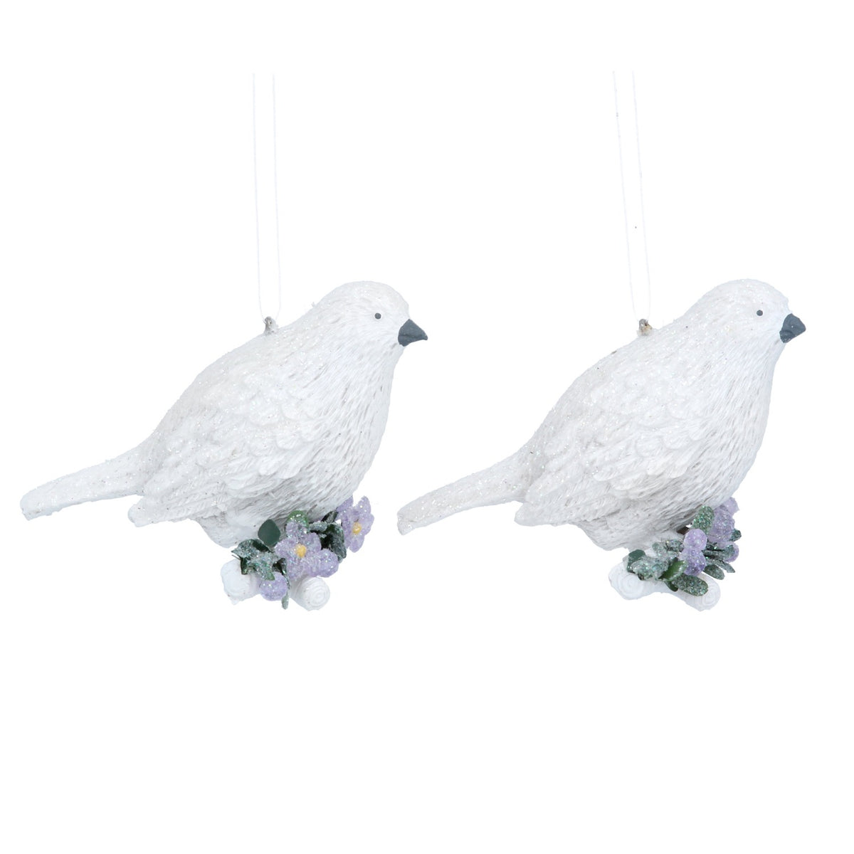 Gisela Graham - Adorable White Resin Bird on Floral Perch Christmas Tree Decoration / Bauble