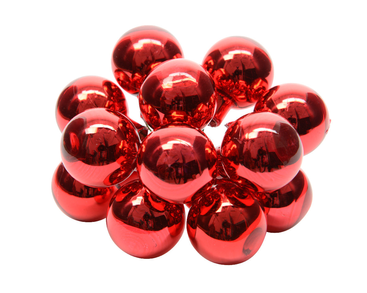 Christmas Red Mini Glass Baubles on a Wire - Bunch of 10 (2cm) - Shiny Finish
